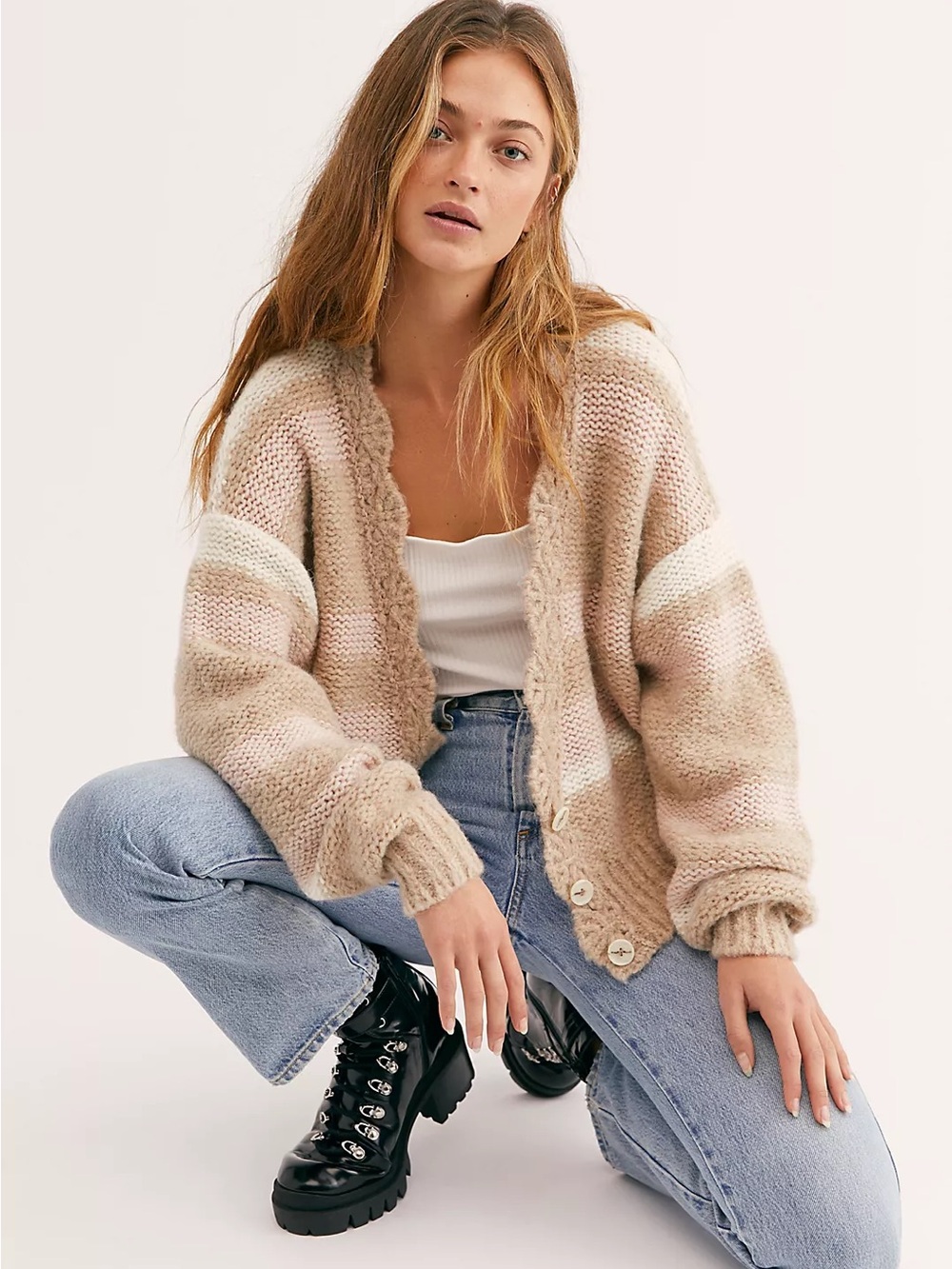 Free People Fine Time Cardi, a multi-colored striped knit cardigan with a button
